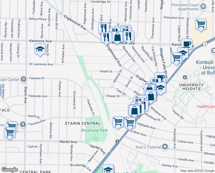 map of restaurants, bars, coffee shops, grocery stores, and more near in Buffalo