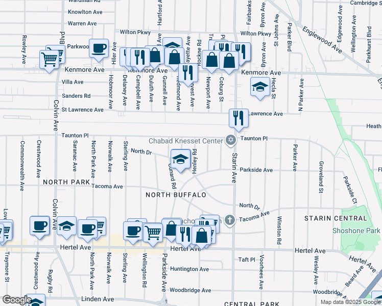 map of restaurants, bars, coffee shops, grocery stores, and more near 62 Henley Road in Buffalo