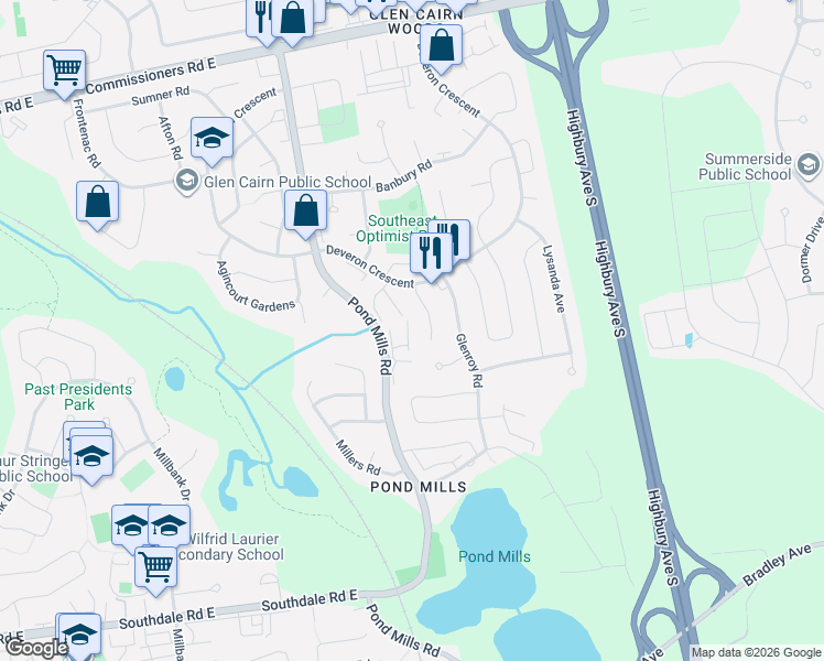 map of restaurants, bars, coffee shops, grocery stores, and more near 450 Pond Mills Road in London