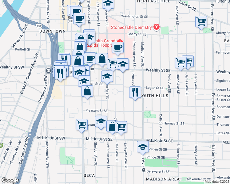 map of restaurants, bars, coffee shops, grocery stores, and more near 217 Heritage Commons Street Southeast in Grand Rapids