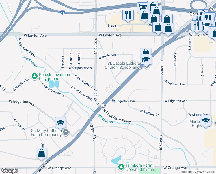 map of restaurants, bars, coffee shops, grocery stores, and more near 8892-8898 Concord Lane in Greenfield