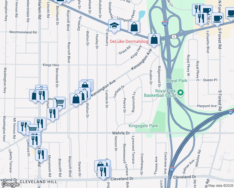 map of restaurants, bars, coffee shops, grocery stores, and more near 126 Lorfield Drive in Buffalo