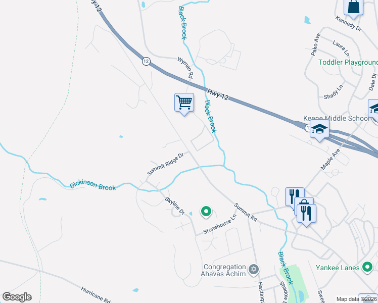 map of restaurants, bars, coffee shops, grocery stores, and more near Summit Road in Keene