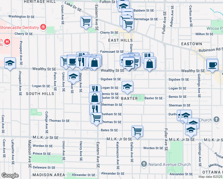 map of restaurants, bars, coffee shops, grocery stores, and more near 850 Logan Street Southeast in Grand Rapids