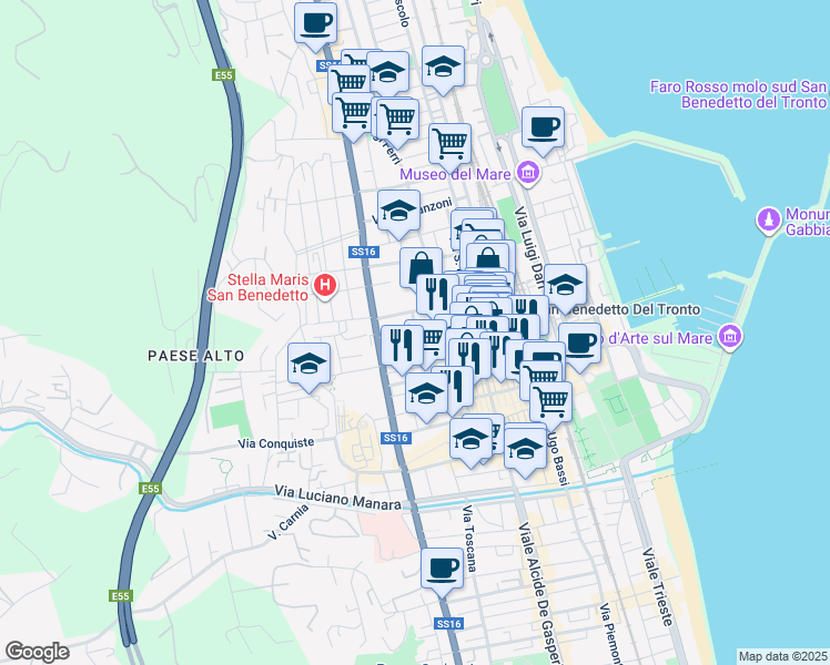 map of restaurants, bars, coffee shops, grocery stores, and more near 44 Via Vittorio Veneto in San Benedetto del Tronto