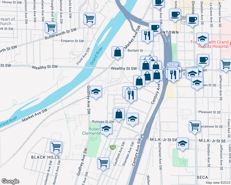 map of restaurants, bars, coffee shops, grocery stores, and more near 449 Pleasant Street Southwest in Grand Rapids