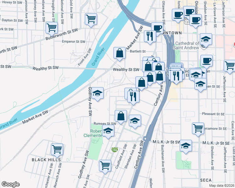 map of restaurants, bars, coffee shops, grocery stores, and more near 449 Pleasant Street Southwest in Grand Rapids