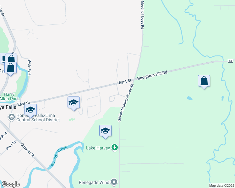 map of restaurants, bars, coffee shops, grocery stores, and more near 243 East Street in Honeoye Falls