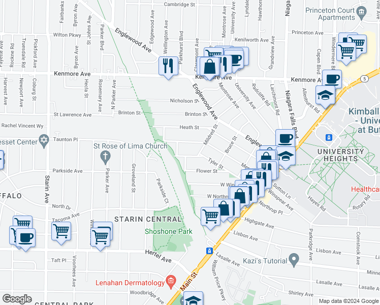 map of restaurants, bars, coffee shops, grocery stores, and more near 218 Merrimac Street in Buffalo