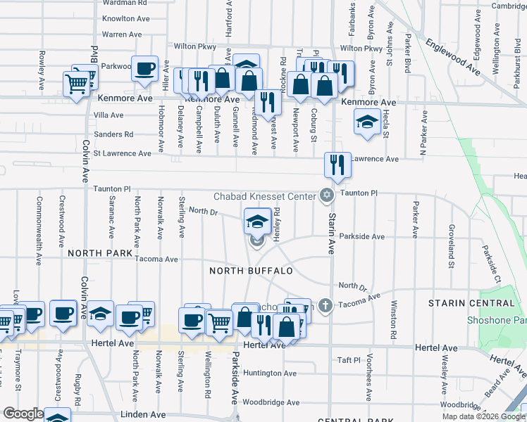 map of restaurants, bars, coffee shops, grocery stores, and more near 62 Henley Road in Buffalo