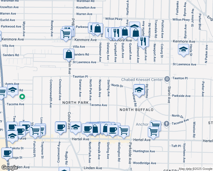 map of restaurants, bars, coffee shops, grocery stores, and more near 336 Sterling Avenue in Buffalo