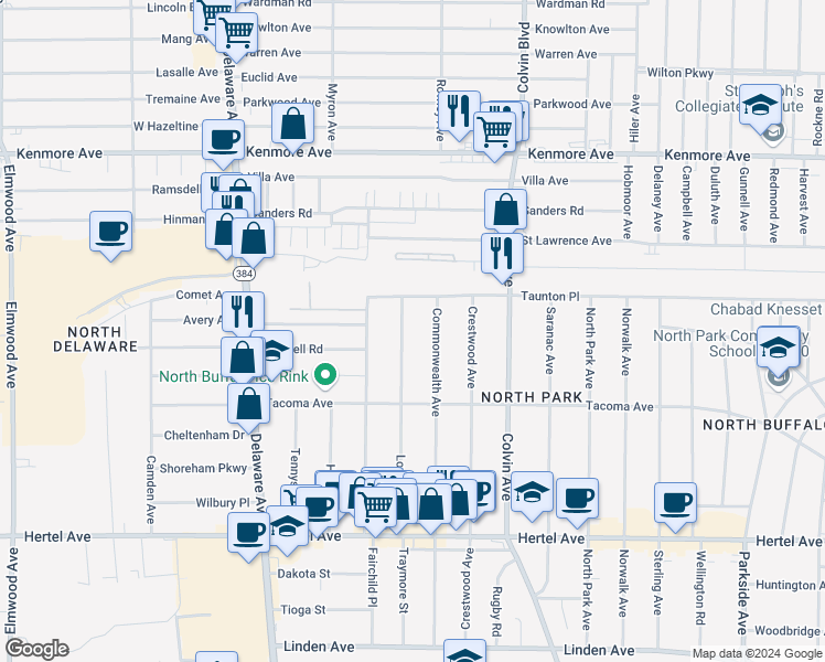 map of restaurants, bars, coffee shops, grocery stores, and more near 225 Lovering Avenue in Buffalo