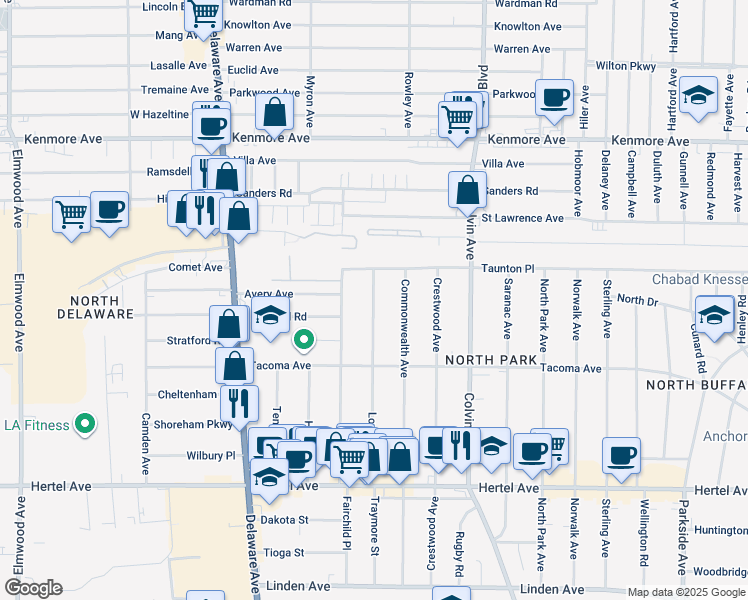 map of restaurants, bars, coffee shops, grocery stores, and more near 225 Lovering Avenue in Buffalo