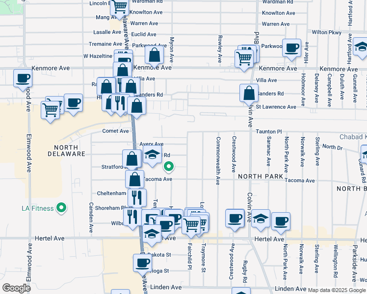 map of restaurants, bars, coffee shops, grocery stores, and more near 19 Avery Avenue in Buffalo