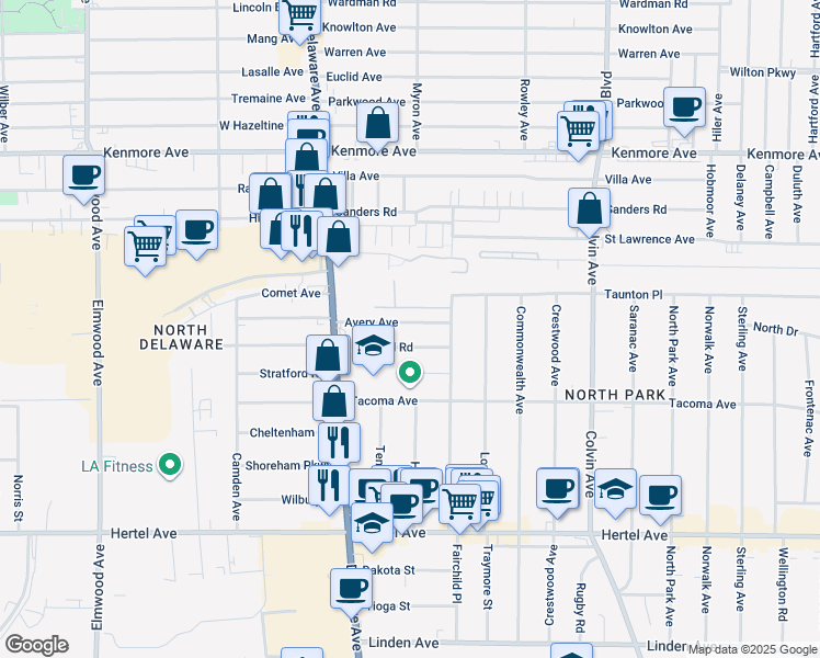 map of restaurants, bars, coffee shops, grocery stores, and more near 19 Avery Avenue in Buffalo