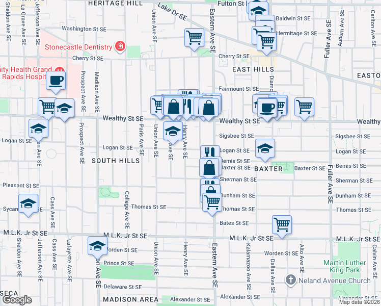 map of restaurants, bars, coffee shops, grocery stores, and more near 701 Logan Street Southeast in Grand Rapids