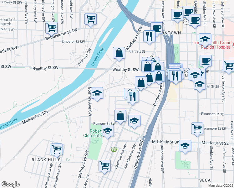 map of restaurants, bars, coffee shops, grocery stores, and more near 509 Osgood Place Southwest in Grand Rapids