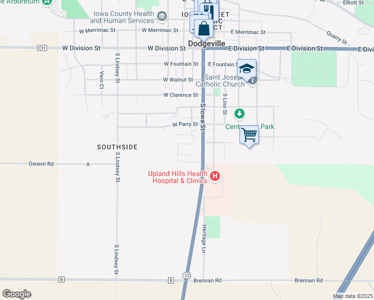 map of restaurants, bars, coffee shops, grocery stores, and more near 616 South Iowa Street in Dodgeville