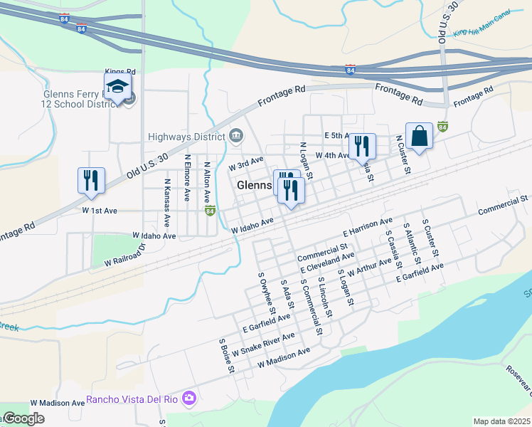 map of restaurants, bars, coffee shops, grocery stores, and more near 86 West Idaho Avenue in Glenns Ferry