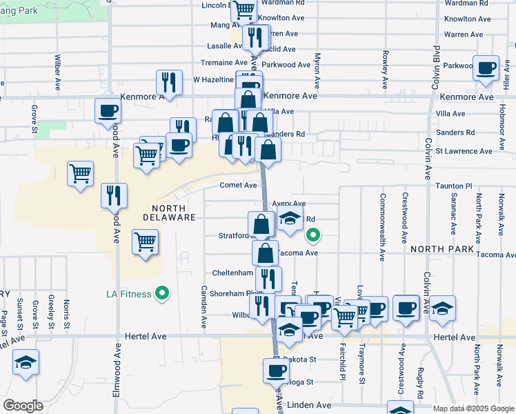 map of restaurants, bars, coffee shops, grocery stores, and more near 125 Avery Avenue in Buffalo