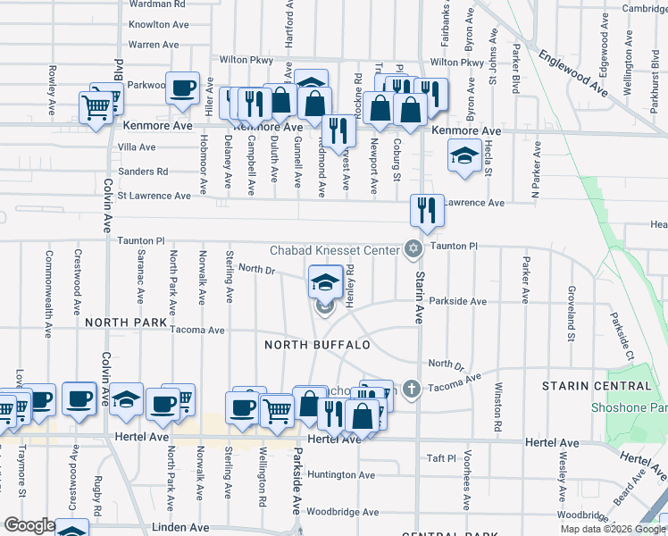 map of restaurants, bars, coffee shops, grocery stores, and more near 62 Henley Road in Buffalo