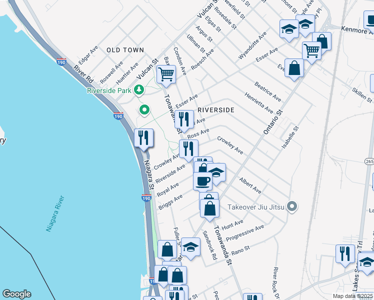 map of restaurants, bars, coffee shops, grocery stores, and more near Tonawanda Street & Crowley Avenue in Buffalo