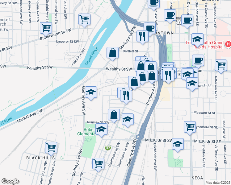 map of restaurants, bars, coffee shops, grocery stores, and more near 425 Pleasant Street Southwest in Grand Rapids