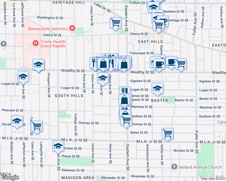 map of restaurants, bars, coffee shops, grocery stores, and more near 708 Logan Street Southeast in Grand Rapids