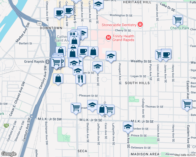 map of restaurants, bars, coffee shops, grocery stores, and more near 531 Jefferson Avenue Southeast in Grand Rapids