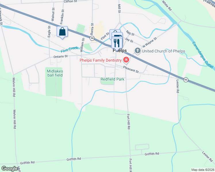 map of restaurants, bars, coffee shops, grocery stores, and more near 9 Willard Avenue in Phelps