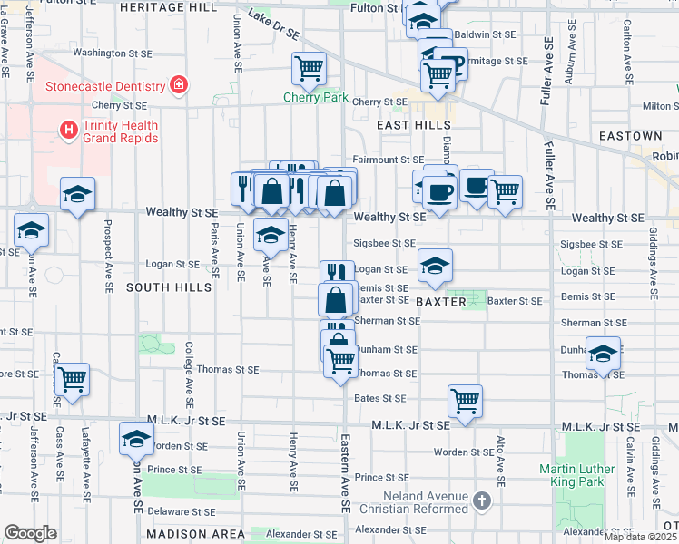 map of restaurants, bars, coffee shops, grocery stores, and more near 501 Eastern Avenue Southeast in Grand Rapids