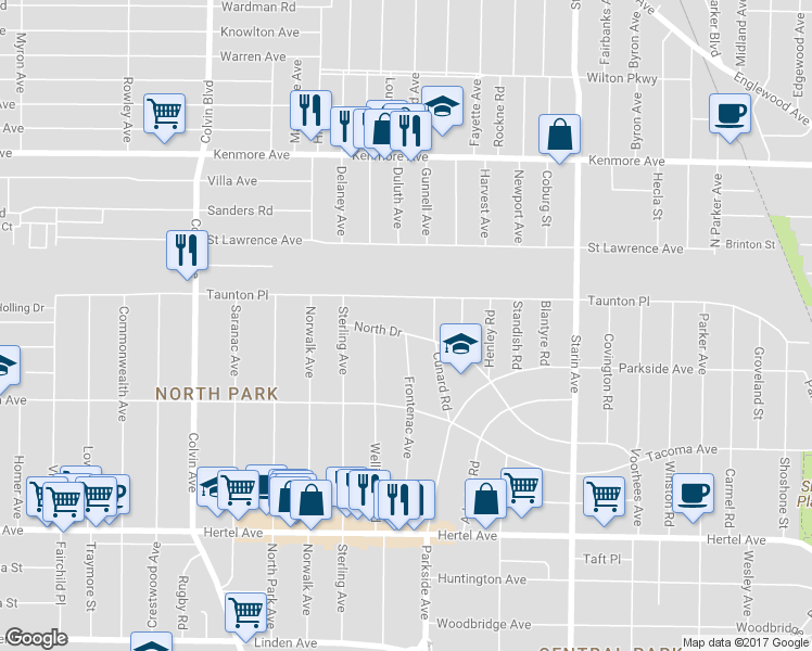 map of restaurants, bars, coffee shops, grocery stores, and more near 281 North Drive in Buffalo