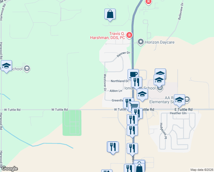 map of restaurants, bars, coffee shops, grocery stores, and more near 255 Northland Drive in Ionia