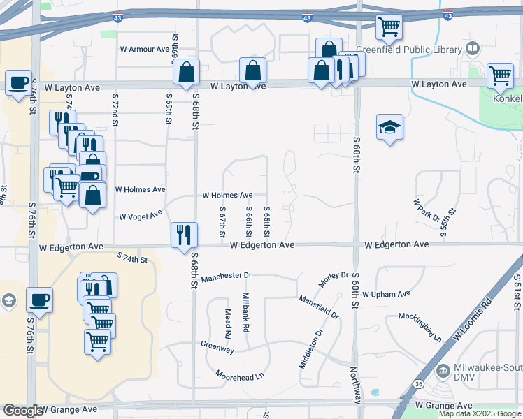 map of restaurants, bars, coffee shops, grocery stores, and more near 5011 South 65th Street in Greenfield