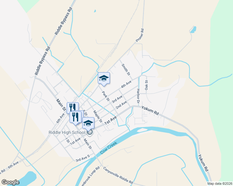 map of restaurants, bars, coffee shops, grocery stores, and more near 579 4th Avenue in Riddle