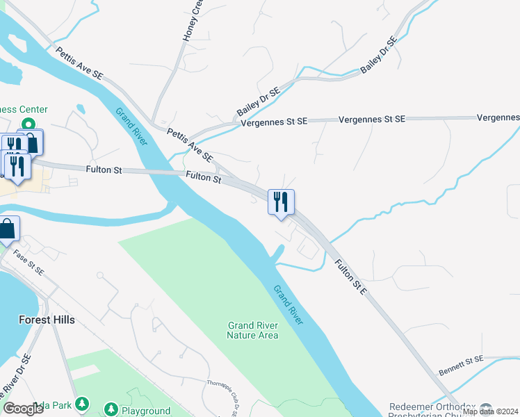 map of restaurants, bars, coffee shops, grocery stores, and more near 8100 Fulton Street East in Ada