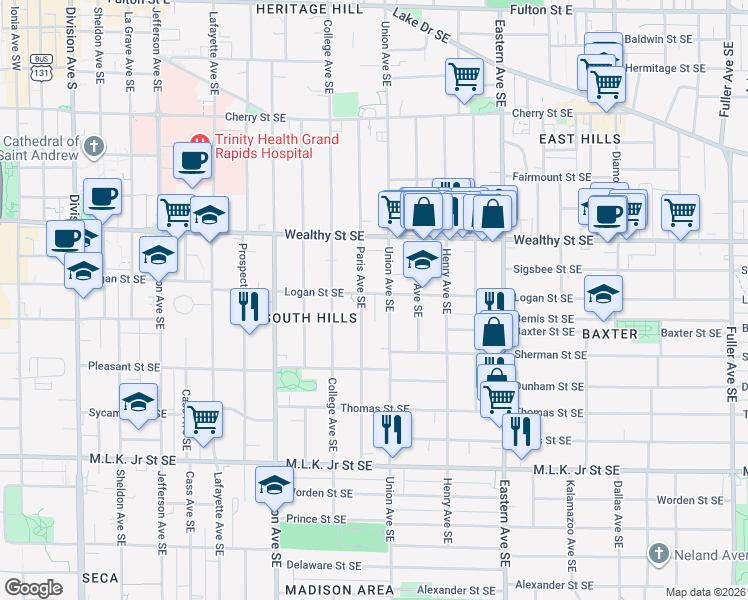 map of restaurants, bars, coffee shops, grocery stores, and more near 540 Logan Street Southeast in Grand Rapids