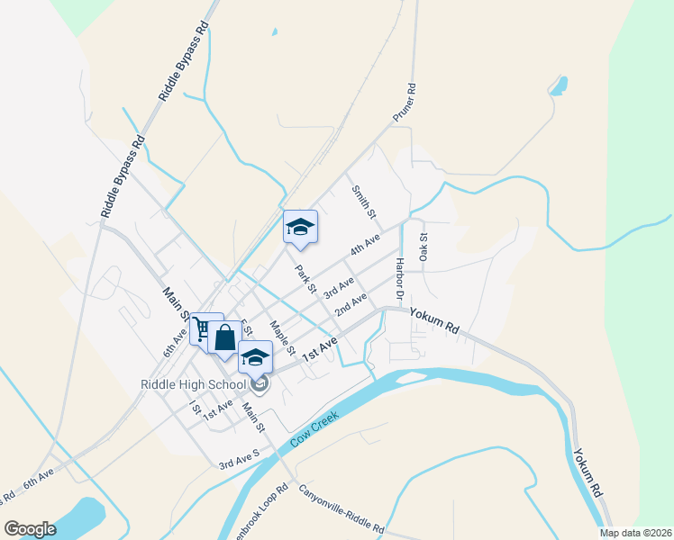 map of restaurants, bars, coffee shops, grocery stores, and more near 579 4th Avenue in Riddle