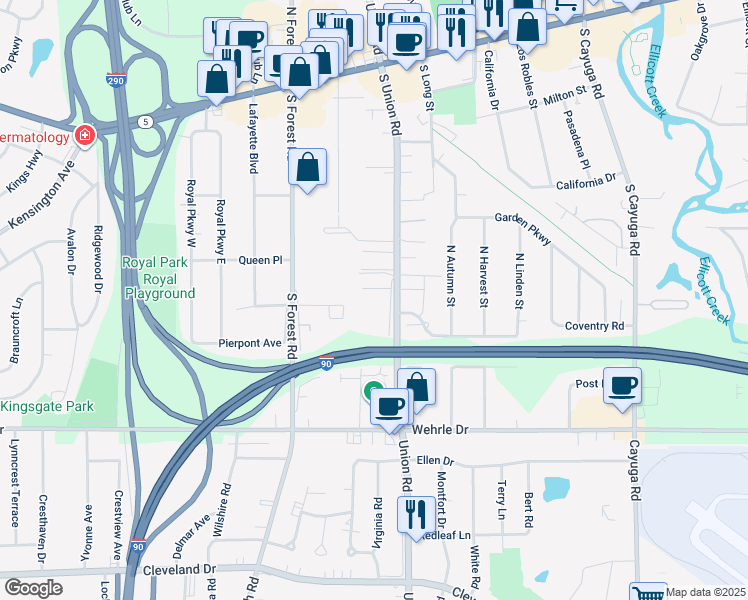 map of restaurants, bars, coffee shops, grocery stores, and more near 23 Union Common in Williamsville
