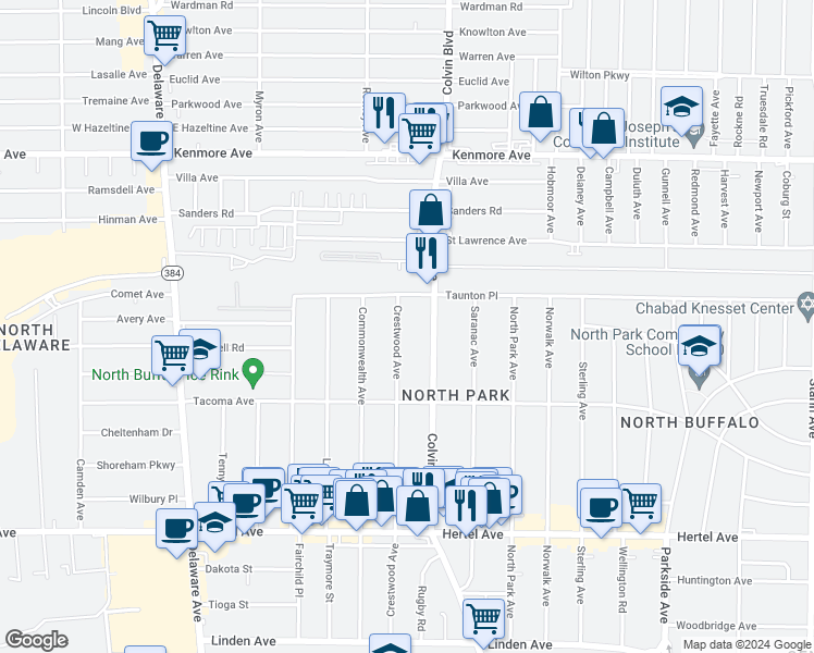 map of restaurants, bars, coffee shops, grocery stores, and more near 485 Colvin Avenue in Buffalo
