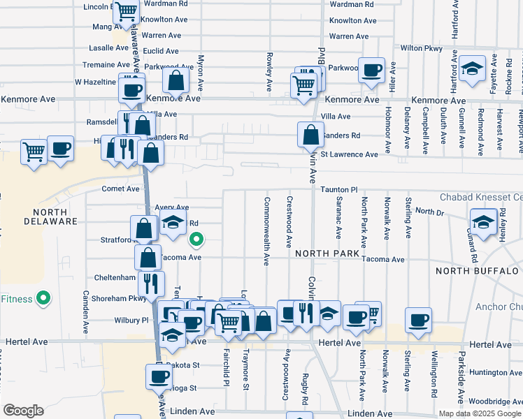 map of restaurants, bars, coffee shops, grocery stores, and more near 225 Lovering Avenue in Buffalo