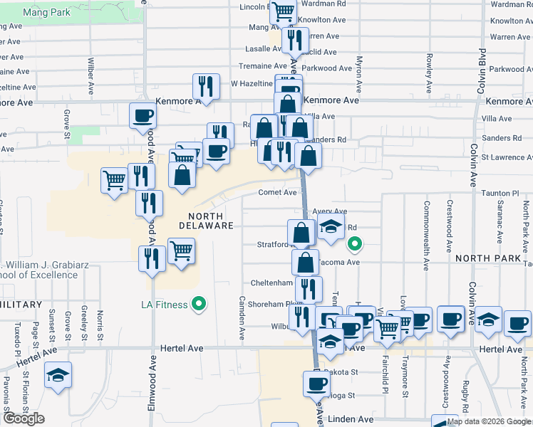 map of restaurants, bars, coffee shops, grocery stores, and more near 163 Avery Avenue in Buffalo