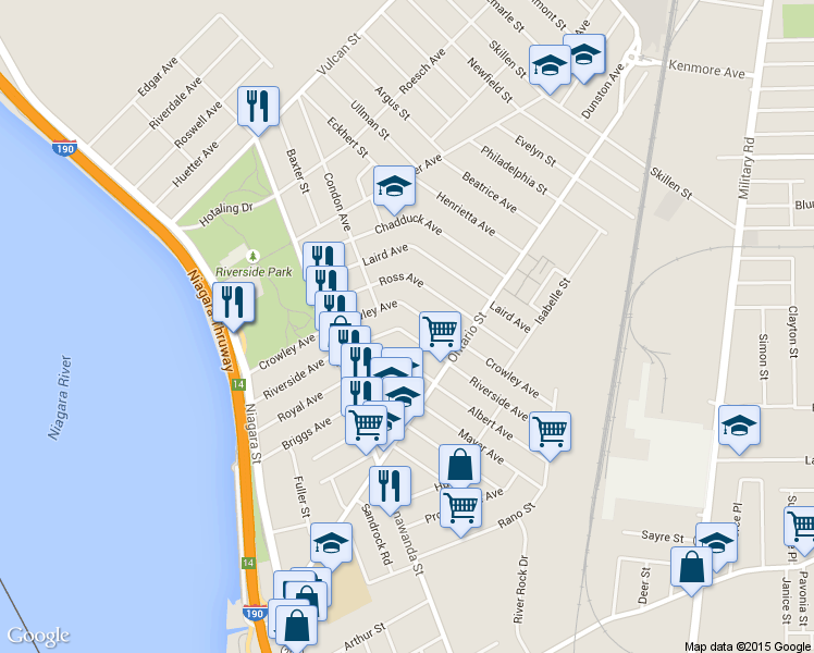 map of restaurants, bars, coffee shops, grocery stores, and more near 183 Crowley Avenue in Buffalo