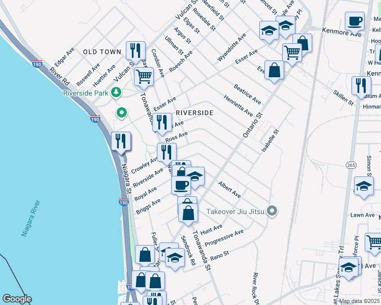 map of restaurants, bars, coffee shops, grocery stores, and more near 183 Crowley Avenue in Buffalo