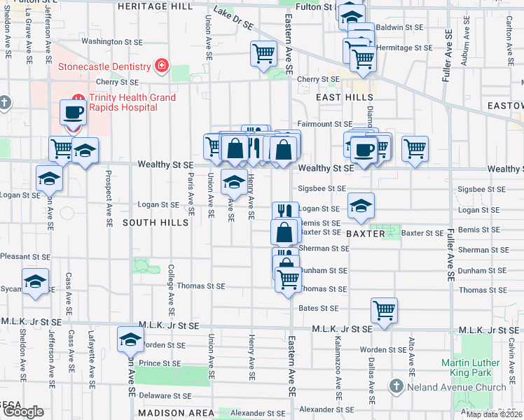 map of restaurants, bars, coffee shops, grocery stores, and more near 701 Logan Street Southeast in Grand Rapids