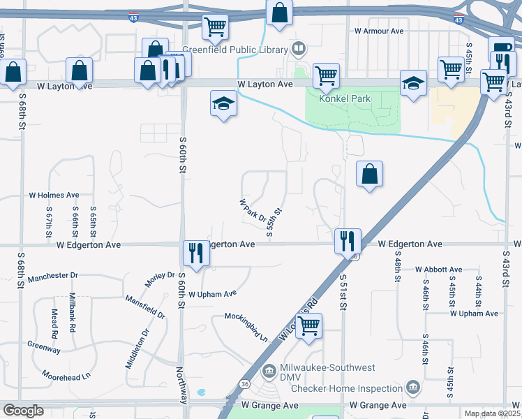 map of restaurants, bars, coffee shops, grocery stores, and more near 4924-5016 South Meadow Park Lane in Greenfield