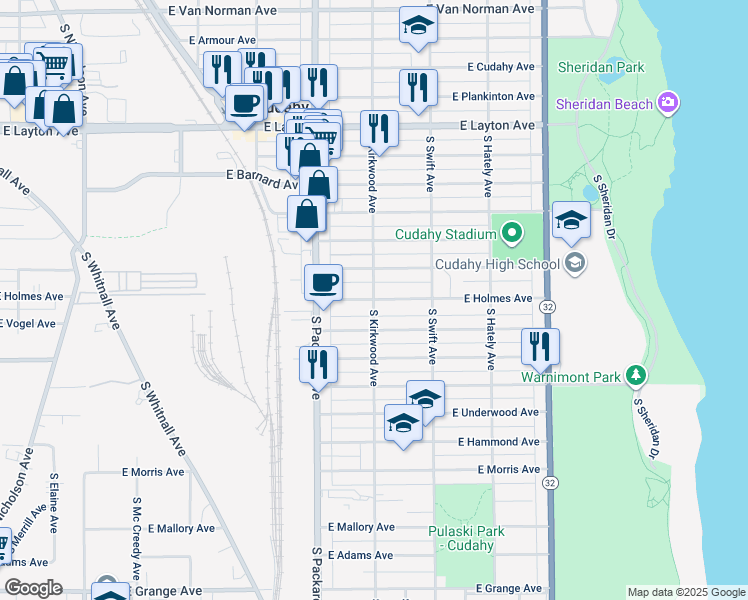 map of restaurants, bars, coffee shops, grocery stores, and more near S Kirkwood Ave & E Holmes Ave in Cudahy