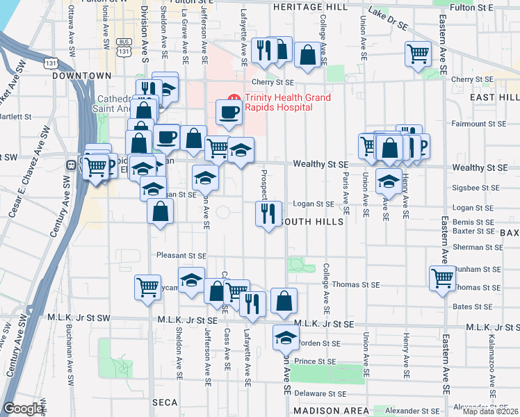 map of restaurants, bars, coffee shops, grocery stores, and more near 459 Prospect Avenue Southeast in Grand Rapids