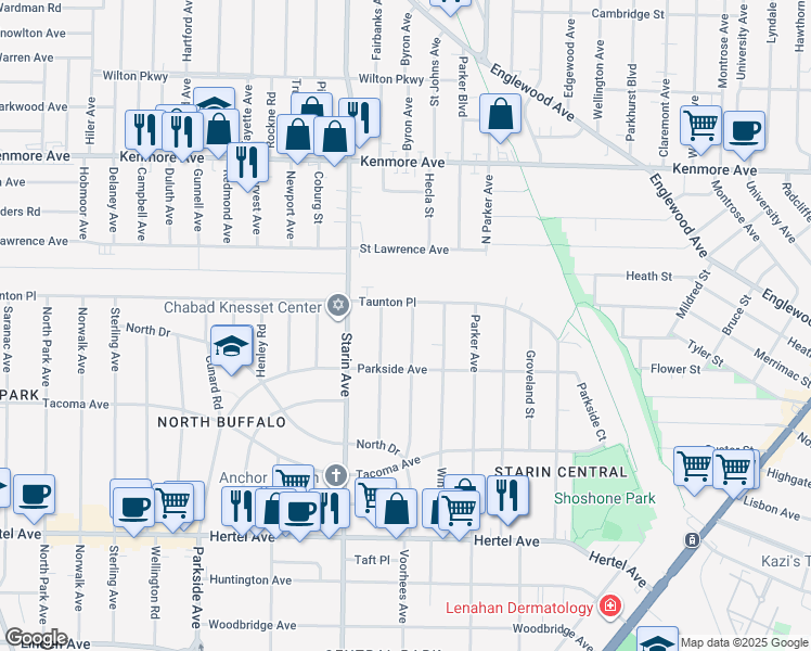map of restaurants, bars, coffee shops, grocery stores, and more near 470 Voorhees Avenue in Buffalo