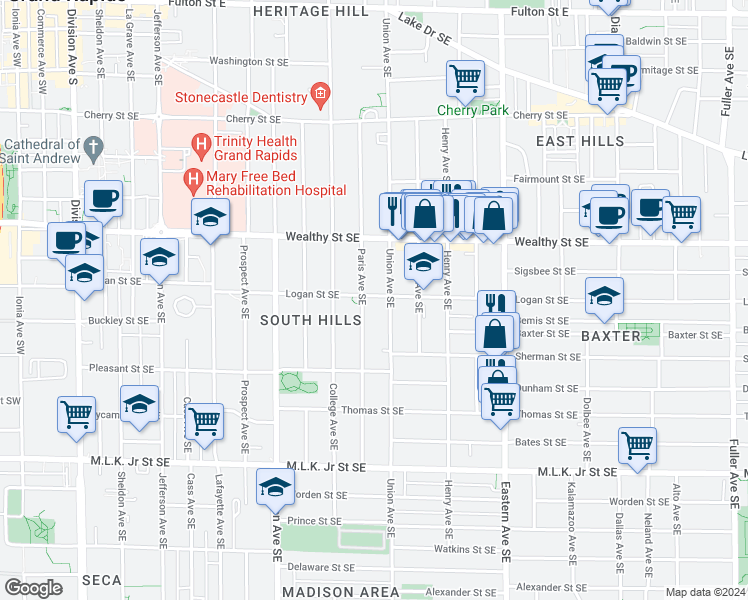 map of restaurants, bars, coffee shops, grocery stores, and more near 538 Logan Street Southeast in Grand Rapids